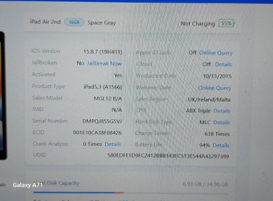 Apple Ipad Air 2nd Generation, 16GB, Space Gray, 94% Battery Life, No Activation Lock, but screen not displaying, and there is some damage to back top right corner, see pictures
