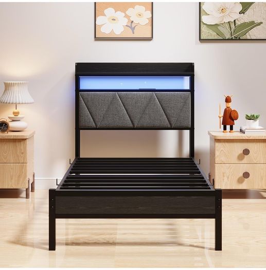 Single Bed Frames with 3ft Upholstered Wooden Two shelf Storage Headboard, Charging Station,LED Lights