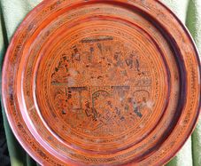 Vintage Wonderful  Hand Painted/Etched Lacquered  Wooden Large Tray - Asian Hand Made L 19"