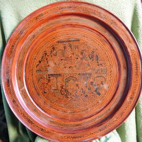 Vintage Wonderful  Hand Painted/Etched Lacquered  Wooden Large Tray - Asian Hand Made L 19"