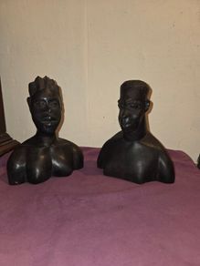 Vintage hand carved African Ebony wood bust of Man and Woman