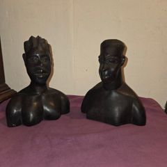 Vintage hand carved African Ebony wood bust of Man and Woman