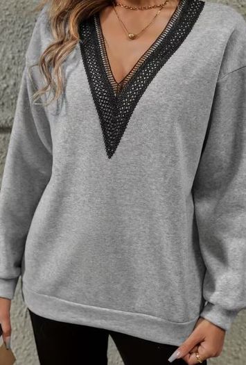 Grey Sweatshirt with Lace V-neck