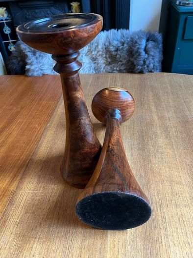 Pair of mixed wood with metal insert candlestick holders