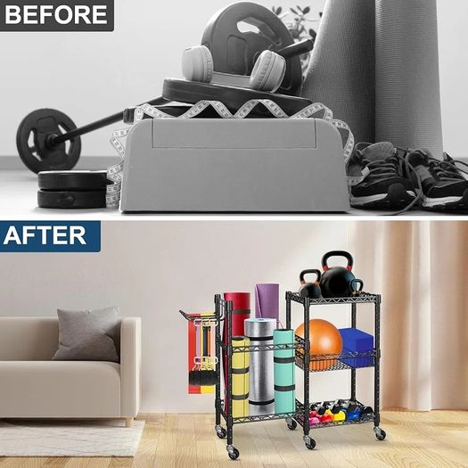 3-Tier Heavy Duty Carbon Steel Gym Storage Rack with Lockable Wheels  Hooks  Fitness Organizer for Dumbbells, Yoga Mats, Kettlebells  Resistance Bands 120KG Load for Home Gym