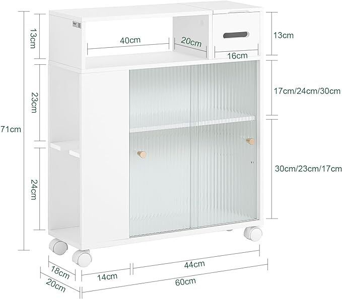 Bathroom Cabinet with 2 glass doors slim white compact  stylish on wheels
