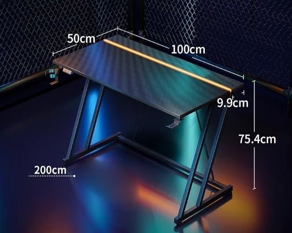Gaming Desk with LED Lights, Gaming Table with Cup Holder and Headphone Hook, Double Z Frame Design Computer Desk, Carbon Fiber Black 100 cm