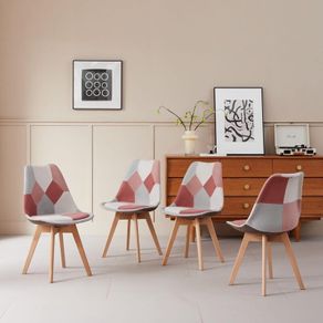 Set of 4 PATCHWORK Upholstered Dining Chairs Morandi Pink  with Patchwork Fabric and Metal Beech Wood Legs for Bedroom Living Room Kitchen