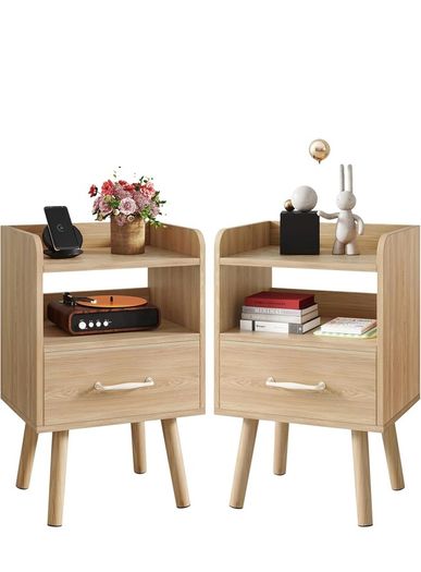 Bedside Table Set of 2, Nightstand, Side Table, Wooden Sofa End Table with Fabric Drawer, Open Shelf, Solid Wood Legs, 39x29x63 cm, for Bedroom, Living Room, Natural