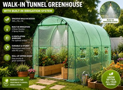 10ft x 7ft Walk In Heavy Duty Polytunnel Greenhouse with Built In Irrigation