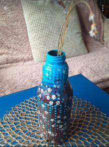 Hand Painted Blue and Brown Floral Bottle