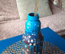 Hand Painted Blue and Brown Floral Bottle