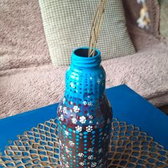 Hand Painted Blue and Brown Floral Bottle