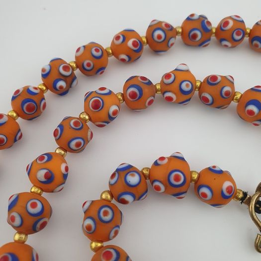 Antique Venetian Style Skunk Eyes Orange Glass Beads Necklace