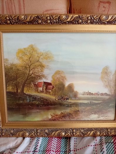 Vintage Framed Print - Spencer Coleman 'Village in Autumn' Ornate Gilt Frame