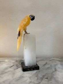 Large Hand-Carved Honey Calcite Parrot on White Quartz Pillar Base