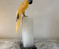 Large Hand-Carved Honey Calcite Parrot on White Quartz Pillar Base