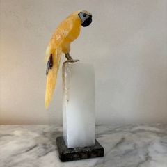 Large Hand-Carved Honey Calcite Parrot on White Quartz Pillar Base