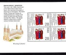 1989 Ireland Franconian Apostles/ 1300th Anniversary of the Martyrdom of Irish Missionaries to Germany (St Kilians, Totnan & Coleman) Commemorative Stamp Booklet Pane Mint Never Hinged (MNH). Hibernian HP33b