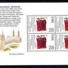 1989 Ireland Franconian Apostles/ 1300th Anniversary of the Martyrdom of Irish Missionaries to Germany (St Kilians, Totnan & Coleman) Commemorative Stamp Booklet Pane Mint Never Hinged (MNH). Hibernian HP33b