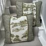 Handmade Olive Green and Cream Toile Cushion Covers Pair 20 x 20 Inches Image 3