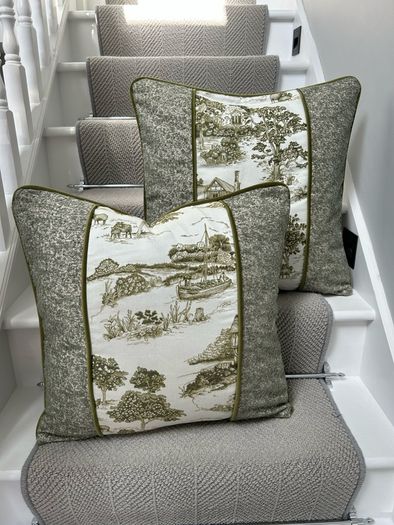 Handmade Olive Green and Cream Toile Cushion Covers Pair 20 x 20 Inches