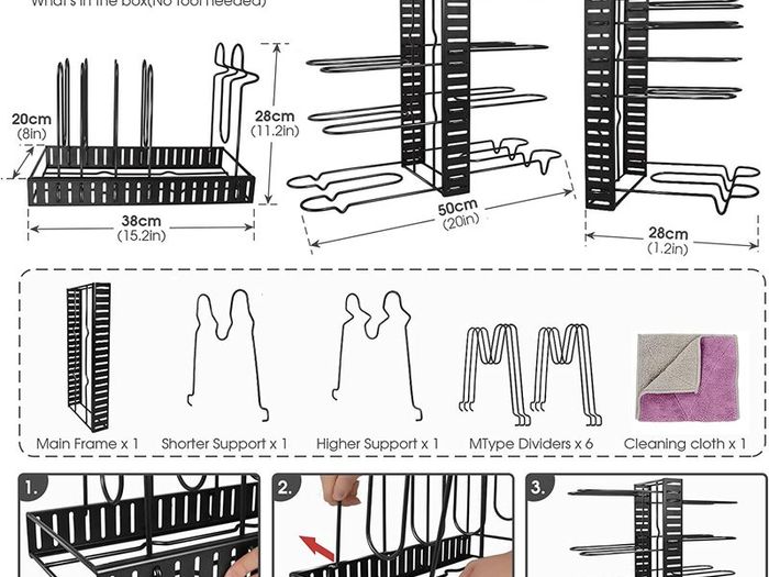 Pan Rack Organizer, 8 Tiers Pot & Pan Racks for Cupboard, Adjustable Pot Lid Holders & Pan Organiser with 3 DIY Methods for Kitchen Cookware Storage, Send 1 Cleaning Cloth