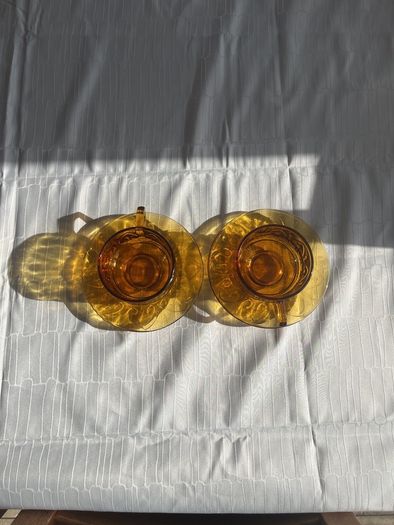 Vintage Indiana Glass Tiara Sandwich Amber Cup & Saucer Set (2 Pairs)