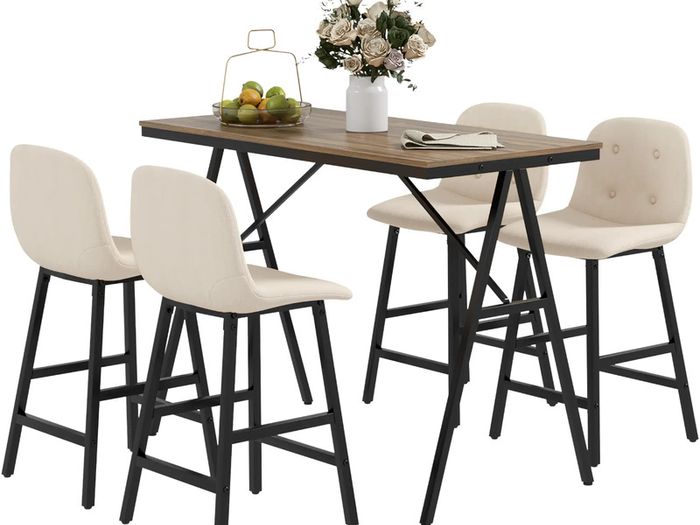 Bar set 5-piece, table and 4 chairs, button tufting, thick padding, linen-look, Beige