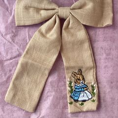 Beige Embroidered Bunny Hair Bow Clip