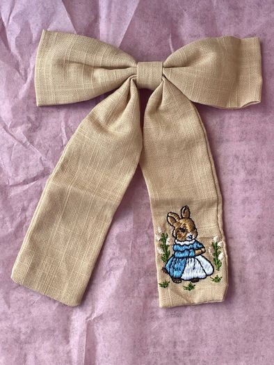 Beige Embroidered Bunny Hair Bow Clip