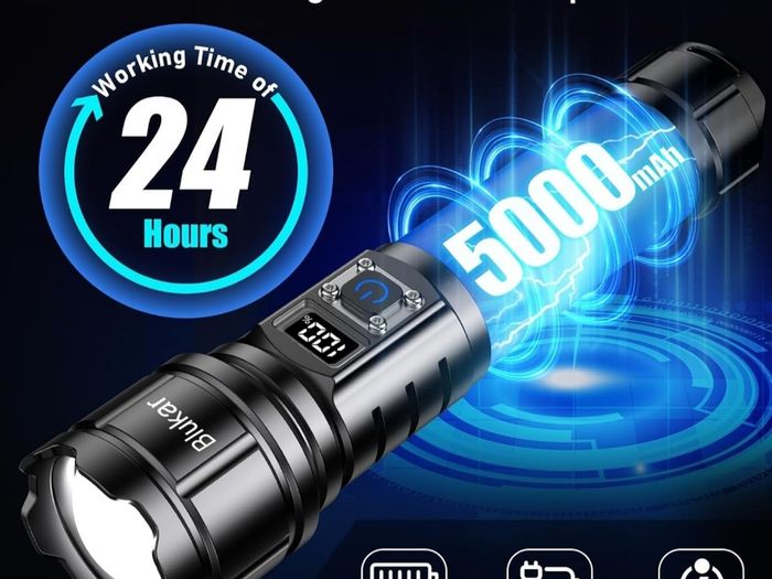 Torch Rechargeable, 500000 Lumens Torches LED Super Bright Flashlight, Adjustable Focus, 5 Modes, 5000 mAh Long Lasting, IP67 Waterproof, Smart Digital Display for Camping, Power Cuts,Emergency