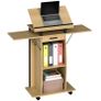 Rolling Podium Stand, Lectern with Folding Side Wings, Laptop Table with Drawer and Shelves, Oak Finish Image 5