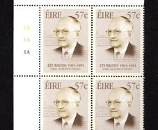 2003 Ireland Birth Centenaries of 57c ETS Walton (Nobel Prize for Physics) Commemorative Stamp Plate Block 1A1A1A Mint Never Hinged (MNH)