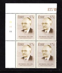 2003 Ireland Birth Centenaries of 57c ETS Walton (Nobel Prize for Physics) Commemorative Stamp Plate Block 1A1A1A Mint Never Hinged (MNH)