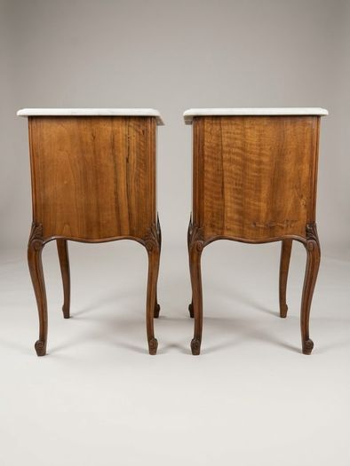 Exceptional Pair of Early 20th-Century Walnut & Marble-Top Bedside Cabinets