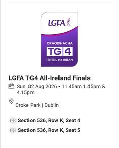 2 premium tickets LGFA TG4 All-Ireland finals