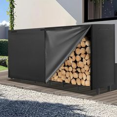 8FT Firewood Log Rack with Waterproof Cover  Heavy Duty Log Stores Outdoor and Indoor Metal Storage, Large Capacity (242 x 30.5 x 100CM) 600D Oxford Black Cover for Garden, Patio