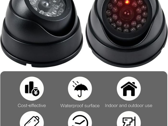 Dummy Cameras Fake CCTV 2PCS, Dome Dummy Fake Security CCTV Camera Simulation Monitor with Flashing LED Light, Dummy CCTV Camera Outdoor Indoor, Dummy Fake Camera Waterproof with 2 CCTV Signs + Screws