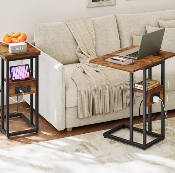 Bedside Table with Charging Station, C Shaped Side Table with Storage Shelf, Slim Sofa Table Small Tables Laptop Tables for Small Space, Rustic Brown and Black