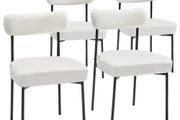 Boucle Dining Chairs Set of 4, Mid Century Modern Sherpa Accent Chairs, Upholstered Side Chair for Dining Table, Space-Saving White Kitchen Table Chair with Curved Backrest and Black Metal Legs