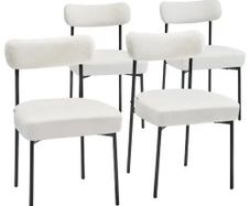 Boucle Dining Chairs Set of 4, Mid Century Modern Sherpa Accent Chairs, Upholstered Side Chair for Dining Table, Space-Saving White Kitchen Table Chair with Curved Backrest and Black Metal Legs