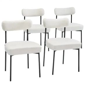 Boucle Dining Chairs Set of 4, Mid Century Modern Sherpa Accent Chairs, Upholstered Side Chair for Dining Table, Space-Saving White Kitchen Table Chair with Curved Backrest and Black Metal Legs