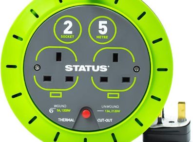 2 Socket Cable Reel | 5m Green Extension Lead | 13A with Thermal Cut Out | Heavy Duty Outdoor Extension Lead
