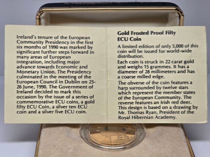 Ireland 1990 50 Ecu Gold Proof Coin in Original Holder with COA