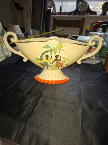Antique Comport or Vase featuring molded handles and a relief scene of figures dancing under a tree