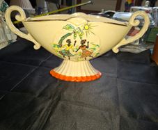Antique Comport or Vase featuring molded handles and a relief scene of figures dancing under a tree