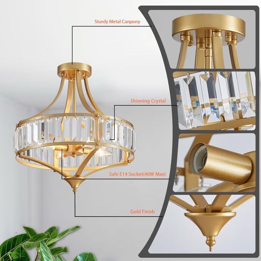 Brand New 40cm Vintage Gold 4-Light Crystal Chandelier Rustic Pendant Desig...