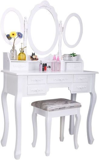 Dressing Table with 3 Mirror Stool Makeup with stool, 7 drawers