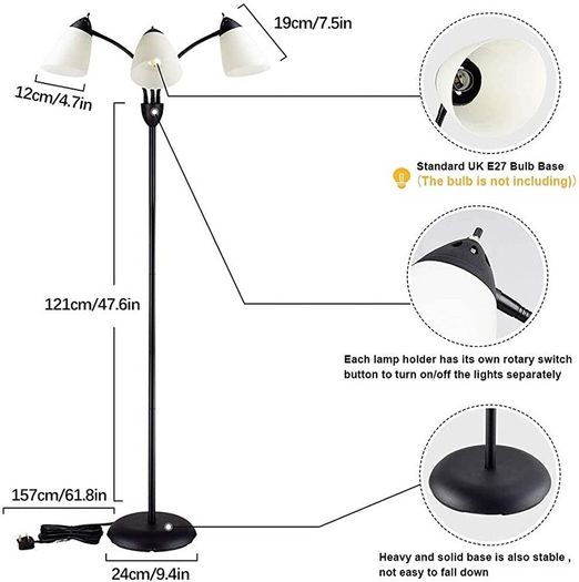 3-Light Floor Lamp, Modern LED Standing Floor Lights with E27 Bulbs Base, Adjustable Reading Light for Bedroom, Living Room, Library, Office, Matt Black (FREE POSTAGE)